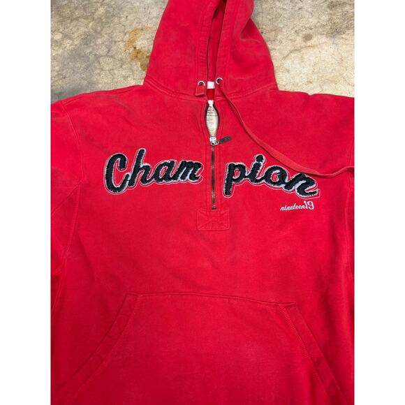 Vintage Champion Reverse Weave Half-Zip Red Hoodie Chain-Stitched Script Logo M - Picture 11 of 14